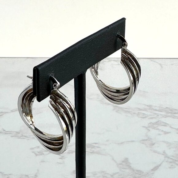 925 Silver Sculptural Hoops, Wave Design, 1" - Picture 6 of 8